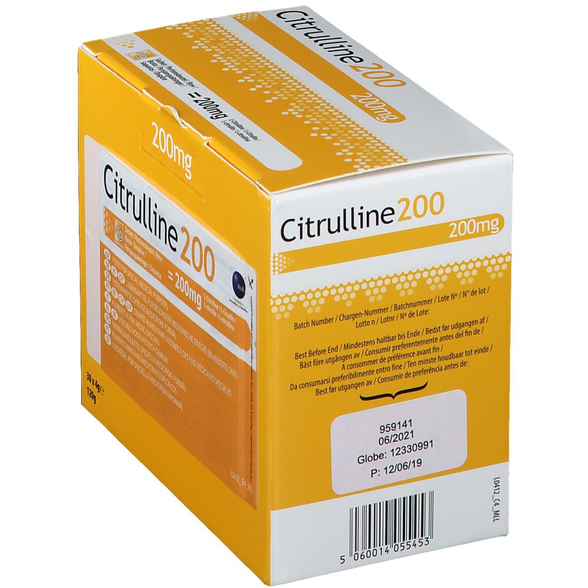 Scatola Citrulline 200, retro. Scatola gialla con informazioni sul prodotto, numero di lotto e data di scadenza.