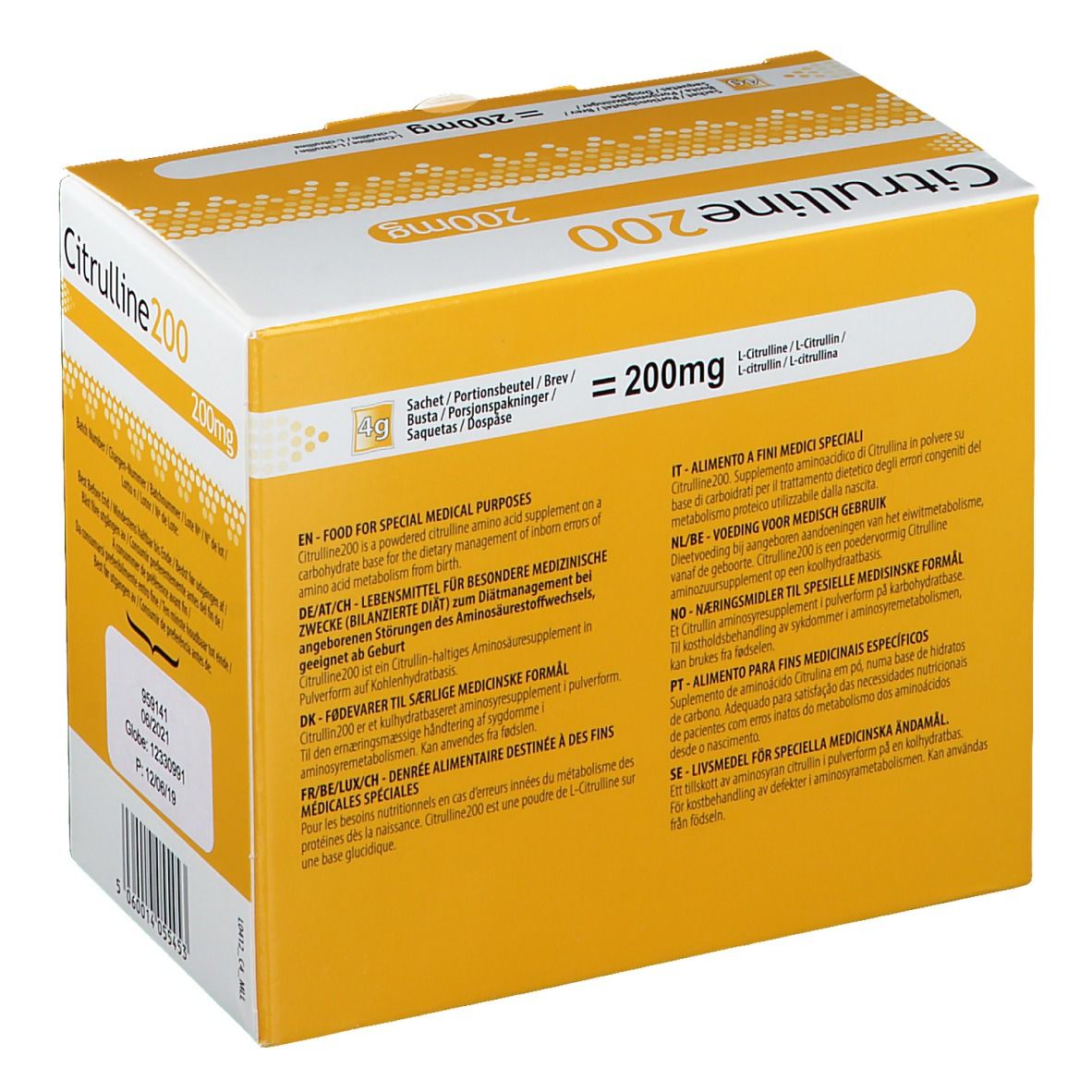 Scatola Citrulline 200, retro. Scatola gialla con informazioni sul prodotto in diverse lingue.