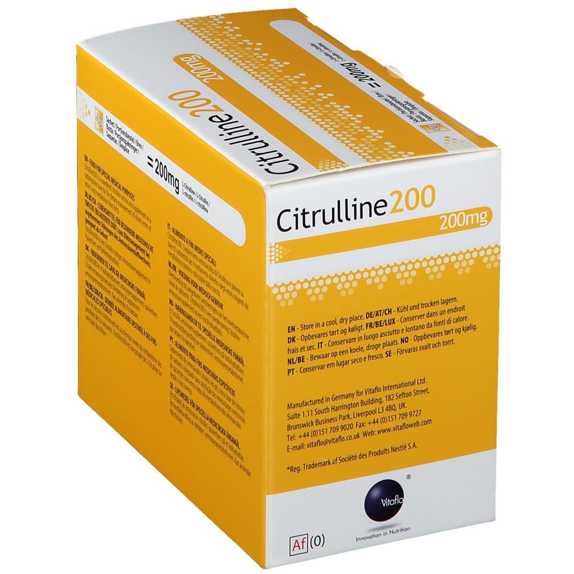 Scatola Citrulline 200, lato. Scatola gialla con informazioni sul prodotto e dettagli del produttore.