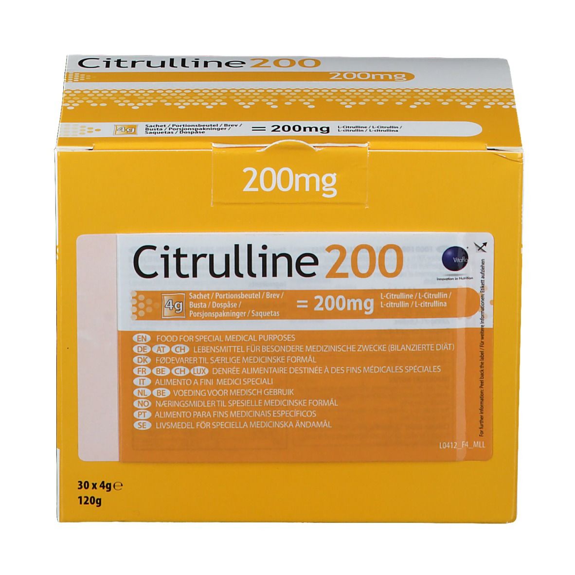 Scatola Citrulline 200. Gialla e bianca, nome del prodotto e indicazione 200mg. 30 bustine da 4g.