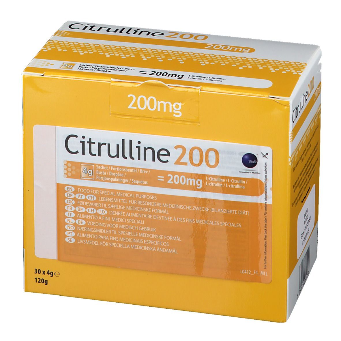 Scatola Citrulline 200. Gialla e bianca, nome del prodotto e indicazione 200mg. 30 bustine da 4g.