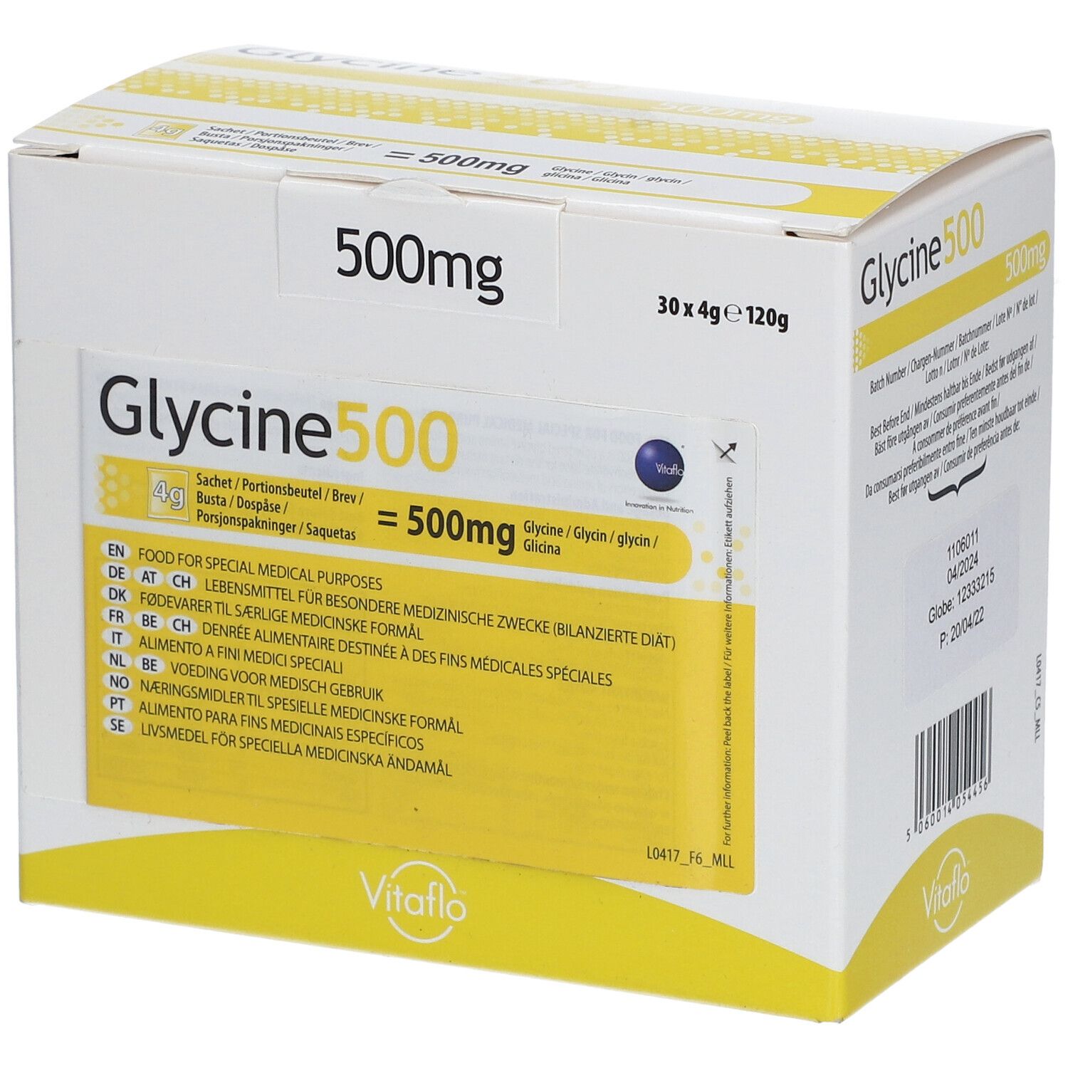 Boîte de Glycine 500, 500mg. Contient 30 sachets de 4g. Marque Vitaflo.