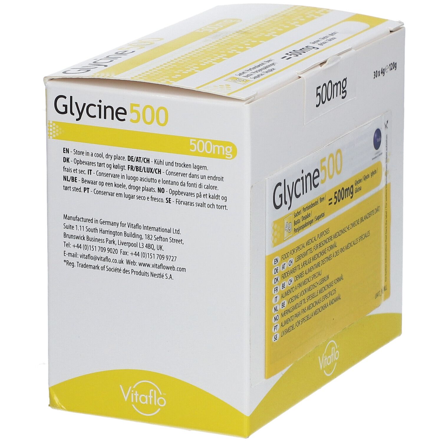 Boîte de Glycine 500, 500mg. Informations de stockage. Marque Vitaflo.