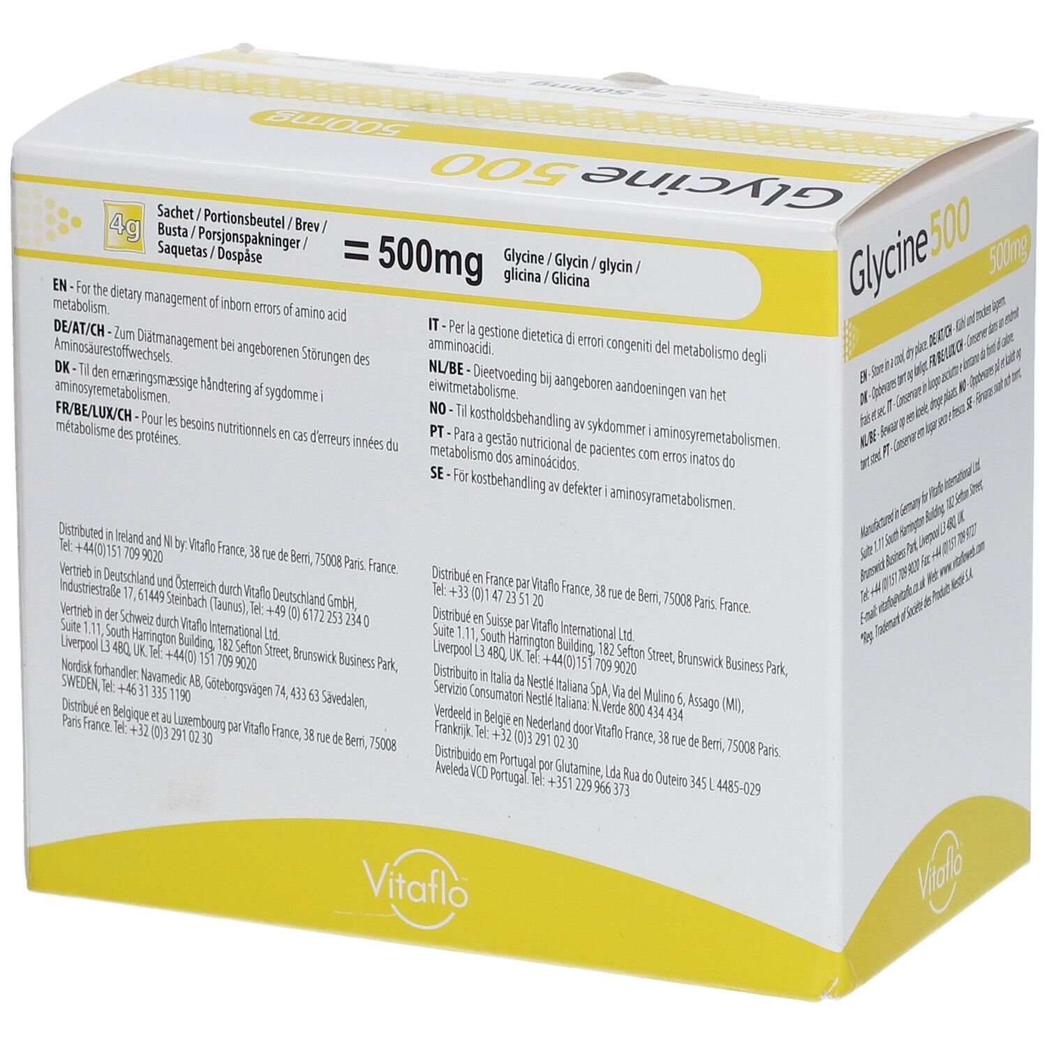 Boîte de Glycine 500, 500mg. Informations d'utilisation. Marque Vitaflo.