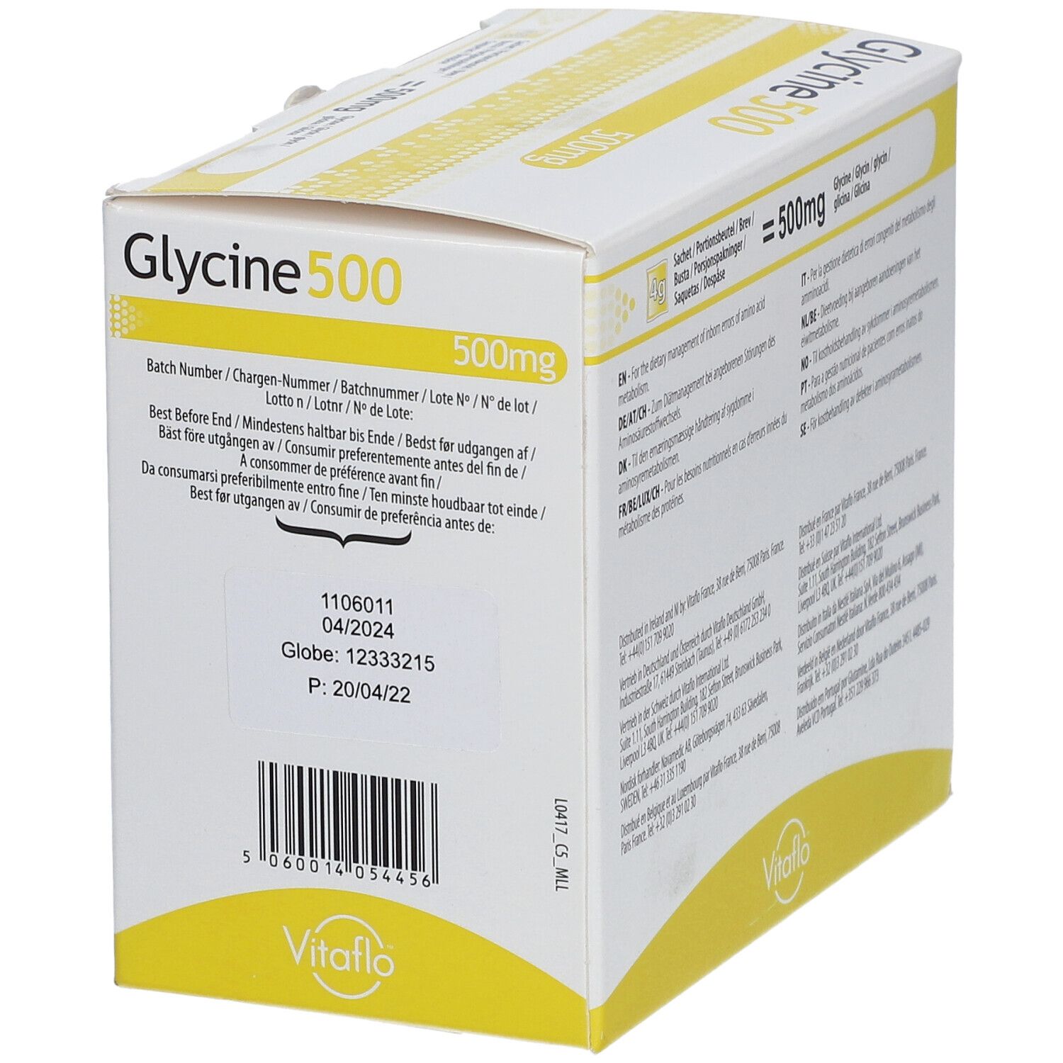 Boîte de Glycine 500, 500mg. Informations de date de péremption. Marque Vitaflo.