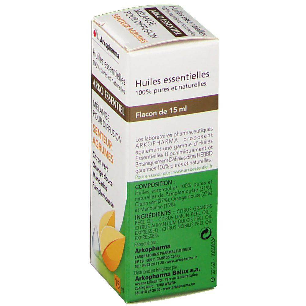 Boîte en carton avec informations produit. Inscription: ARKO ESSENTIEL, Mélange pour diffusion, Senteur Agrumes. Ingrédients.