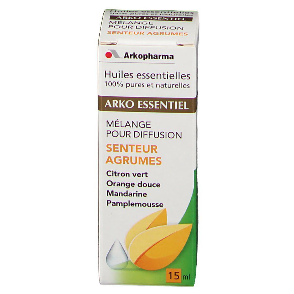 Boîte en carton avec informations produit. Inscription: ARKO ESSENTIEL, Mélange pour diffusion, Senteur Agrumes. 15 ml.