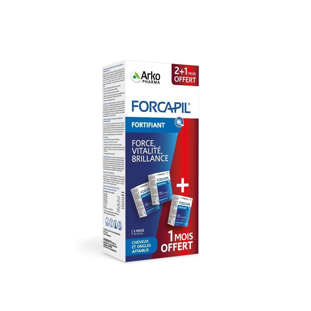 Boîte Forcapil. Inscription: Fortifiant, Force, Vitalité, Brillance. Contient 3 mois de traitement et 1 mois offert.