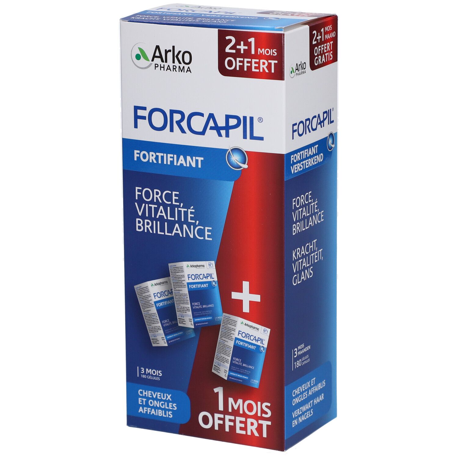 Boîte Forcapil. Inscription: Fortifiant, Force, Vitalité, Brillance. Contient 3 mois de traitement et 1 mois offert.