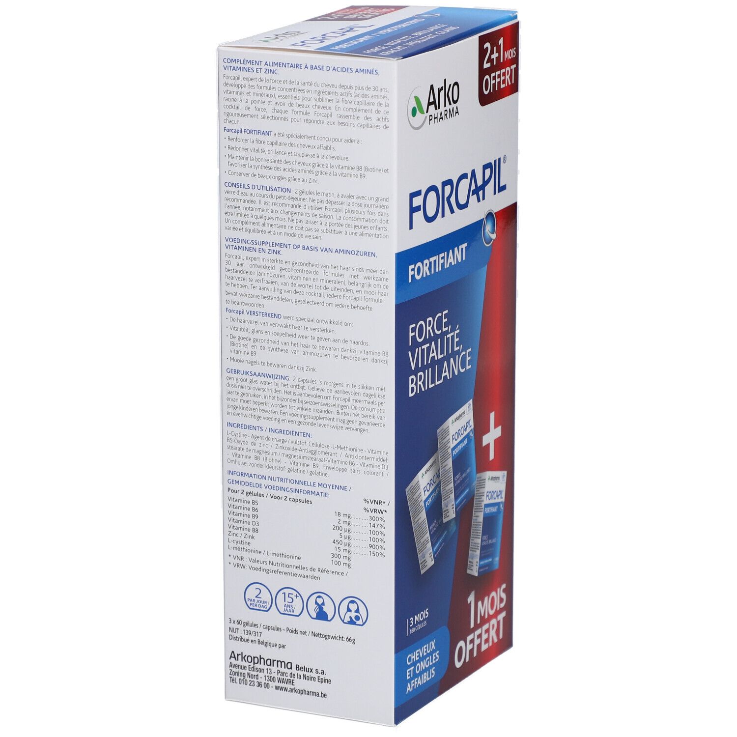 Dos de la boîte Forcapil. Contient des informations sur les ingrédients et le dosage. Avec 3 mois de traitement et 1 mois offert.