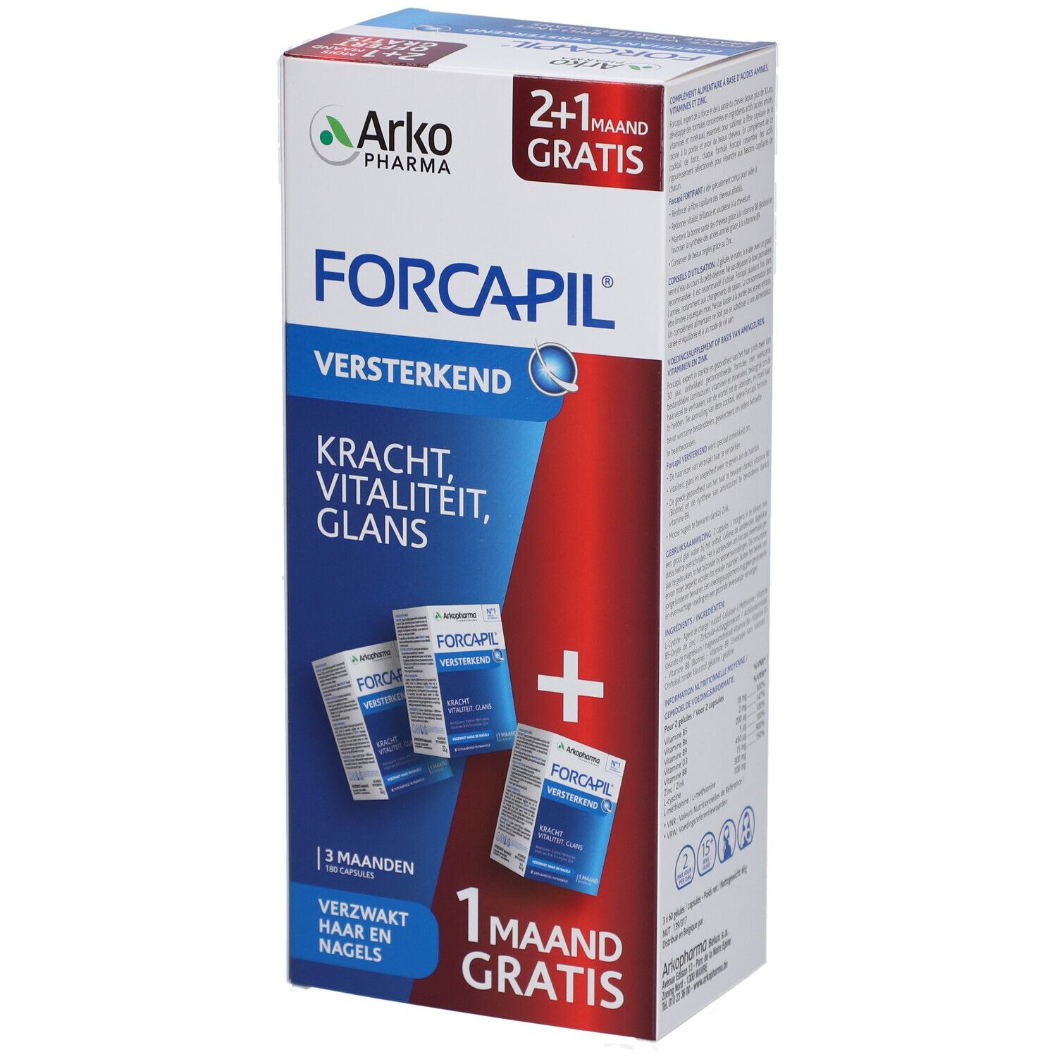 Boîte Forcapil. Inscription: Versterkend, Kracht, Vitaliteit, Glans. Contient 3 mois de traitement et 1 mois offert.