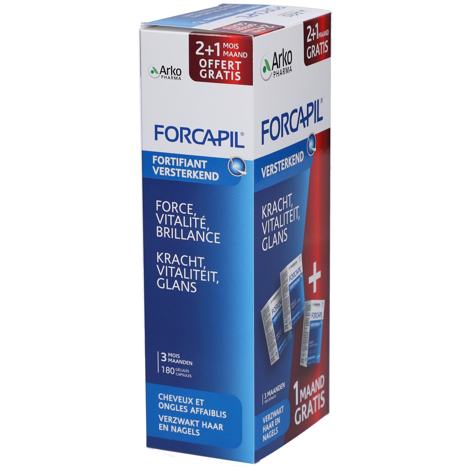 Boîte Forcapil. Inscription: Fortifiant, Versterkend, Kracht, Vitalité, Glans. Contient 3 mois de traitement et 1 mois offert.