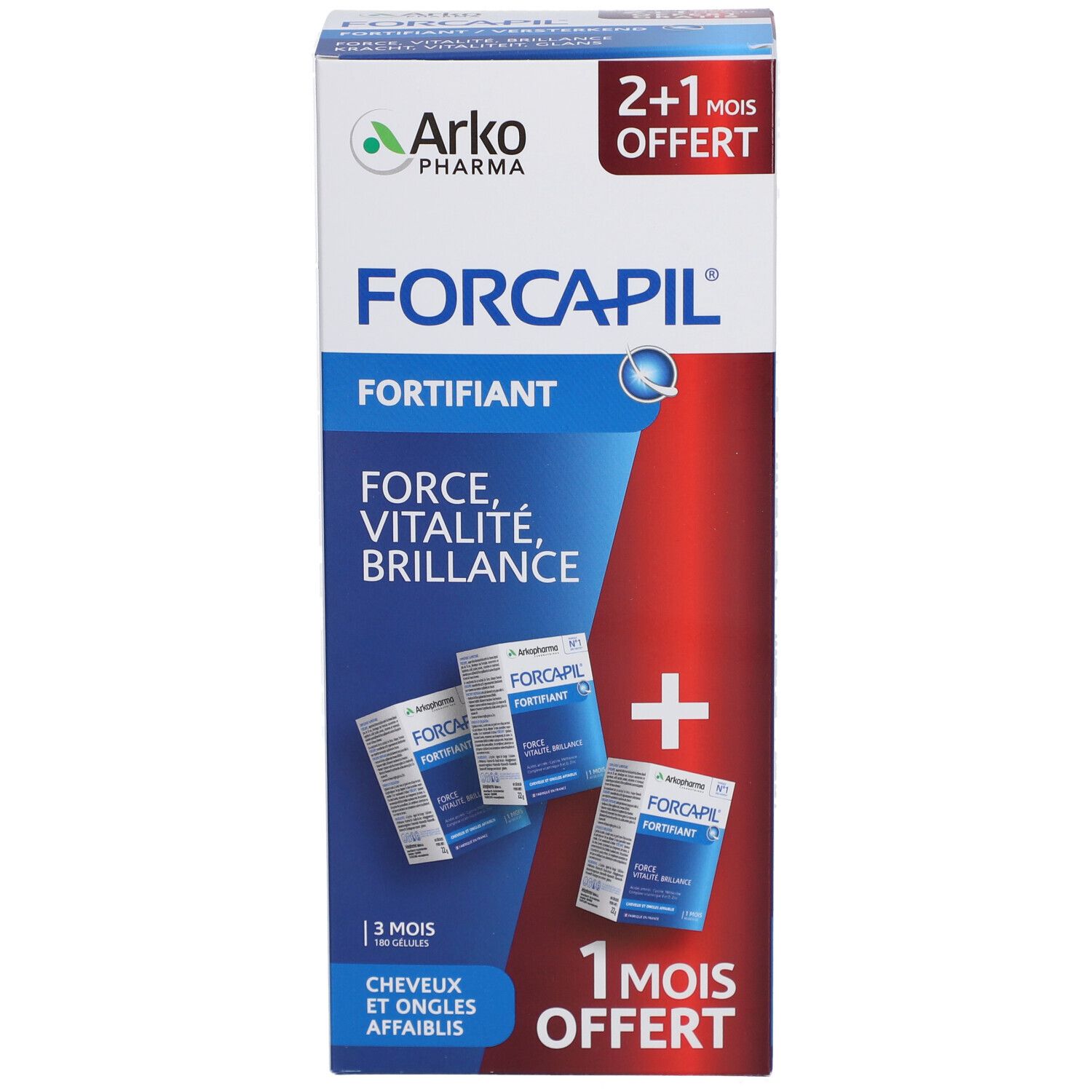 Boîte Forcapil. Inscription: Fortifiant, Force, Vitalité, Brillance. Contient 3 mois de traitement et 1 mois offert.