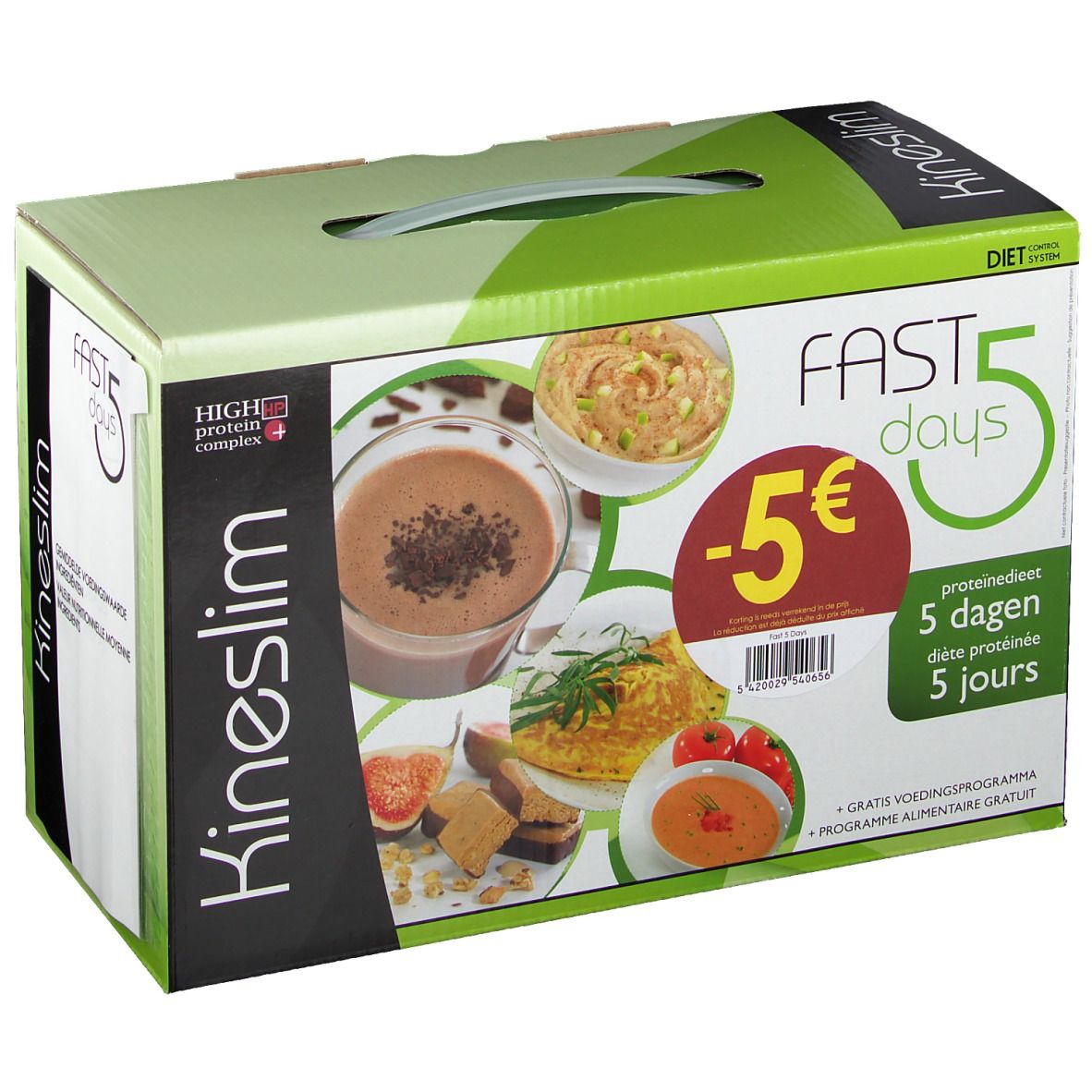 Boîte en carton avec images et texte. Inscriptions: Kineslim, Fast 5 days, -5€, régime protéiné.