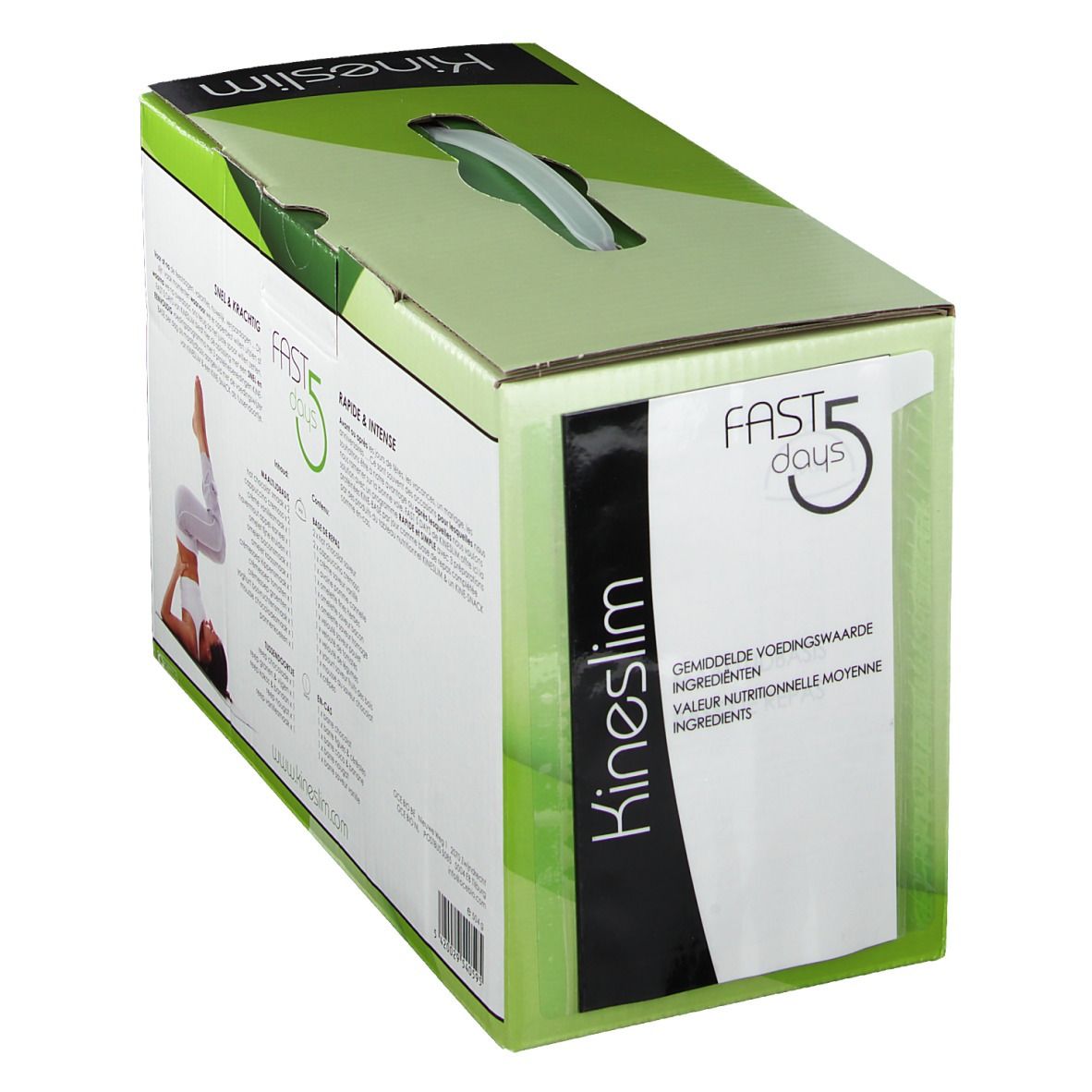 Boîte en carton avec texte. Inscriptions: Kineslim, Fast 5 days. Côté avec texte: Valeur nutritionnelle moyenne des ingrédients.
