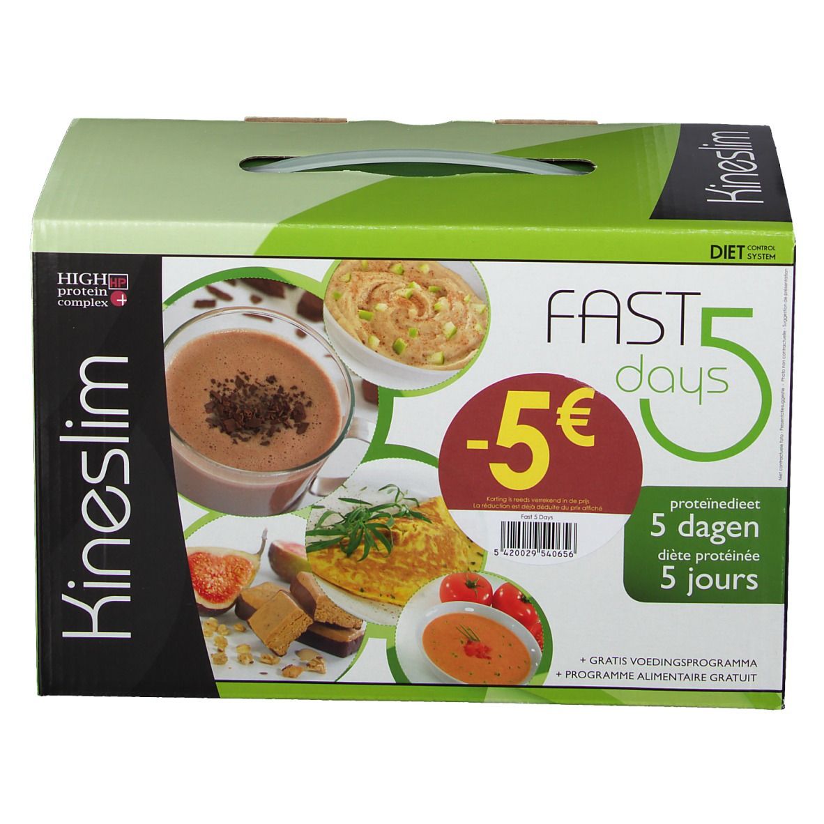 Boîte en carton avec images et texte. Inscriptions: Kineslim, Fast 5 days, -5€, régime protéiné.