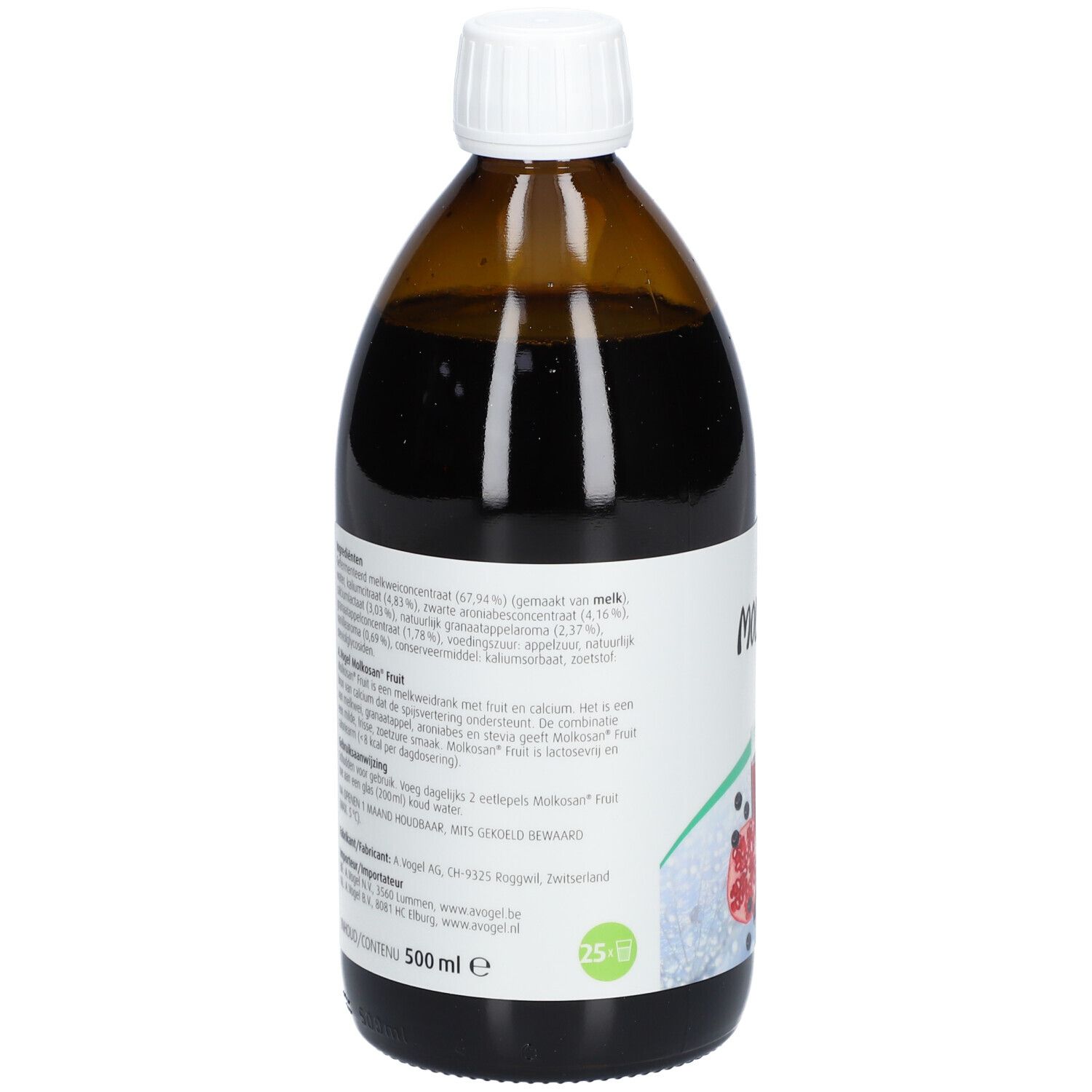 Bruine glazen fles met witte dop. Etiket met productinformatie en ingrediënten. 500 ml.