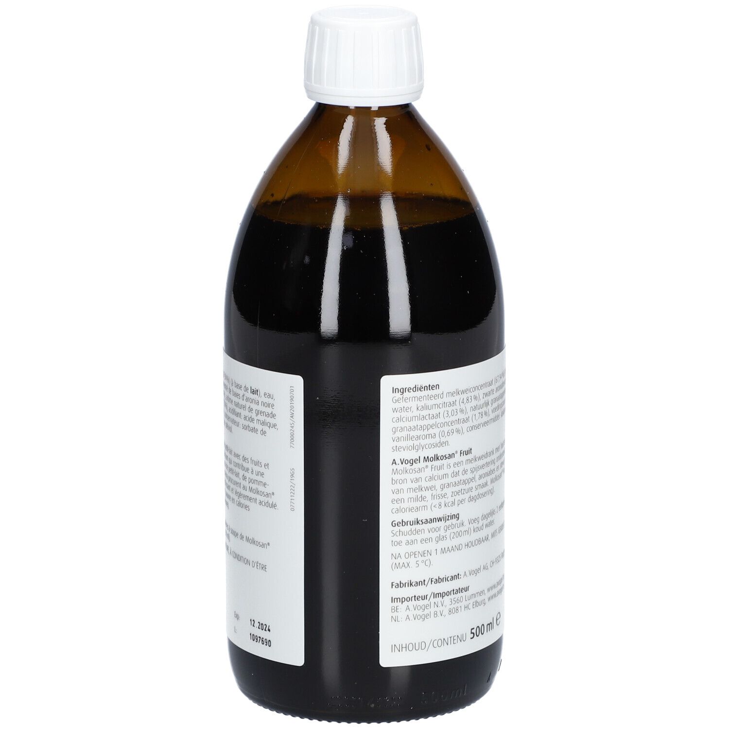Bruine glazen fles met witte dop. Etiket met productinformatie en ingrediënten. Achteraanzicht.