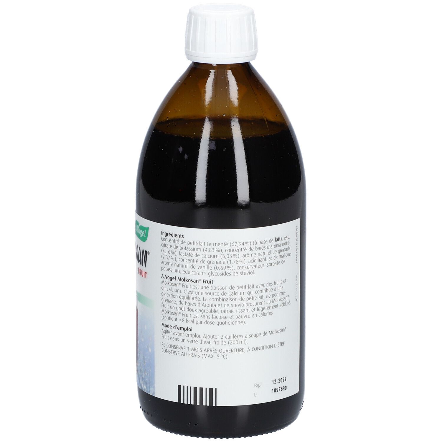 Bruine glazen fles met witte dop. Etiket met productinformatie en ingrediënten. Detailaanzicht.