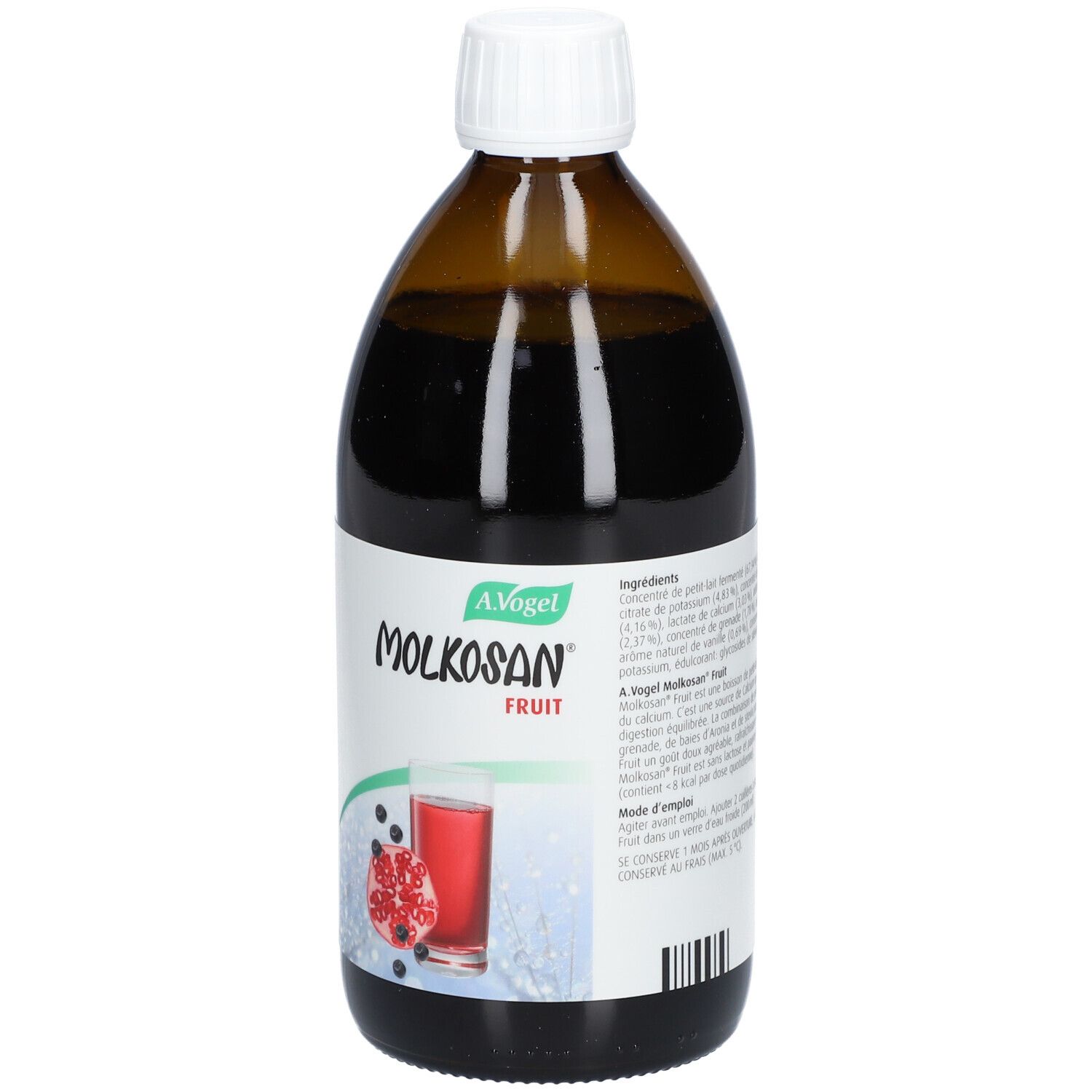 Bruine glazen fles met witte dop. Etiket met productnaam en afbeelding van een drank met fruit.
