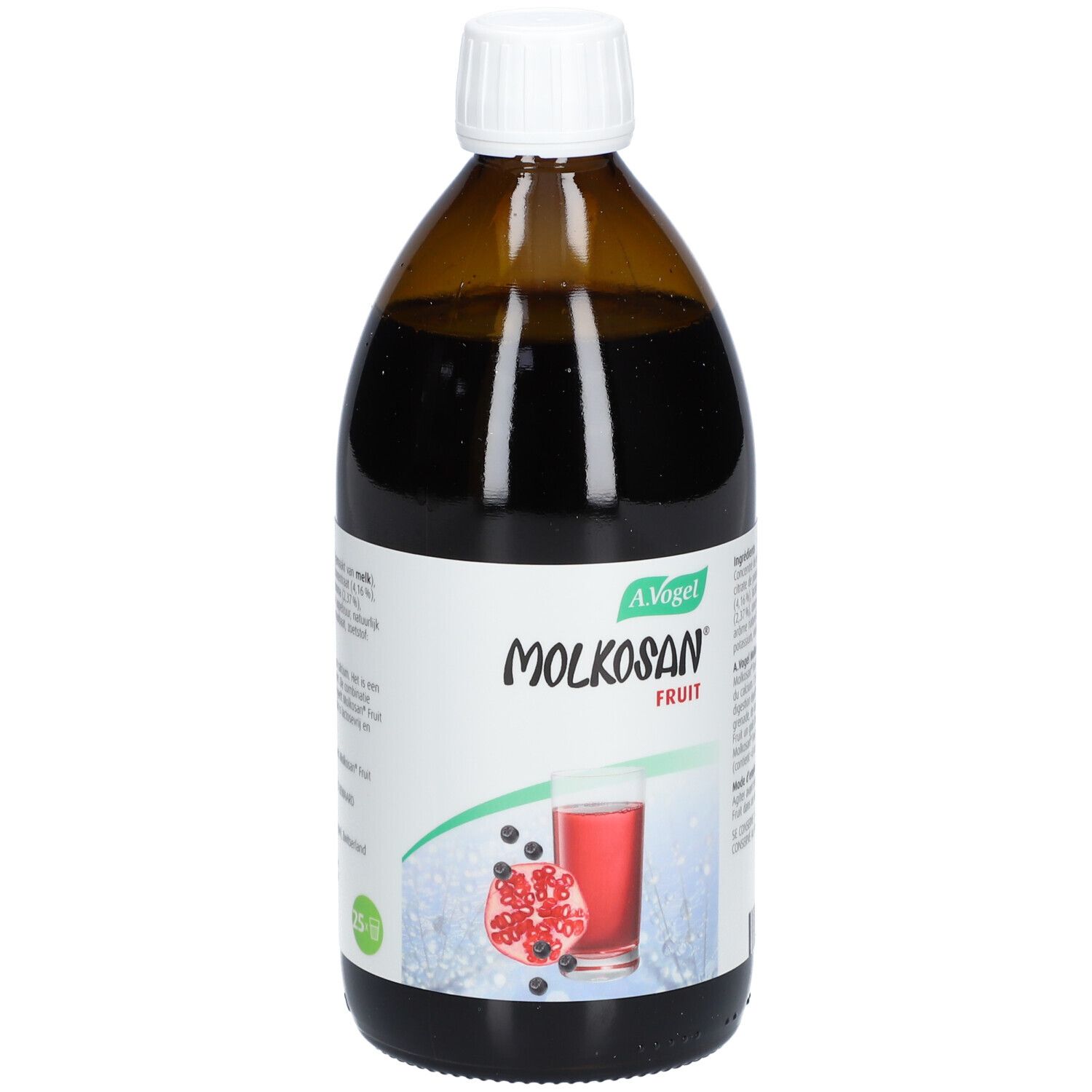 Bruine glazen fles met witte dop. Etiket met productnaam en afbeelding van een drank met fruit.