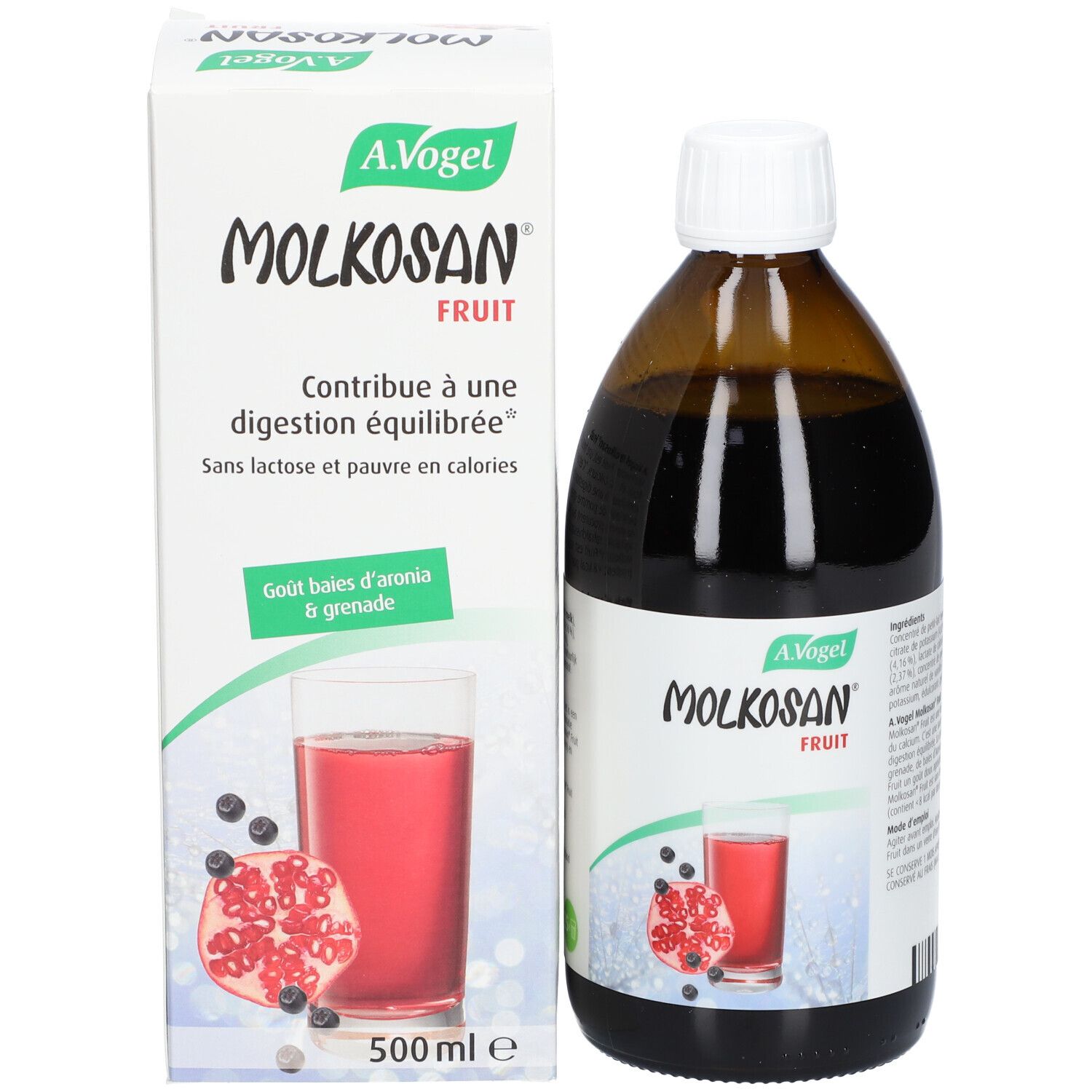 Productfles en verpakking. Fles met witte dop, daarnaast karton. Productnaam en afbeelding.