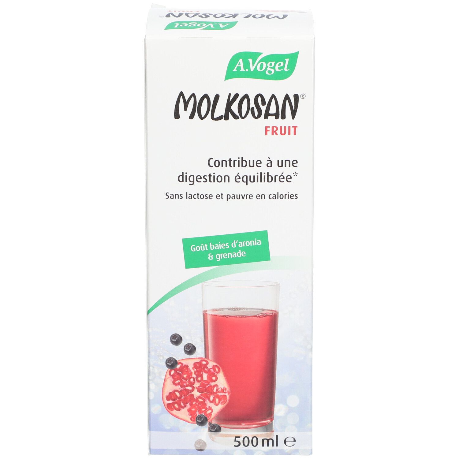 Productverpakking. Witte doos met productnaam, afbeelding van een drank en tekst.
