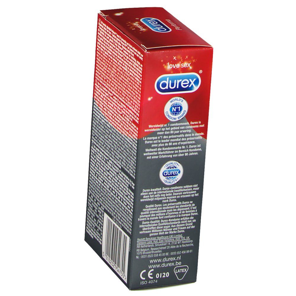 Zijaanzicht van de Durex Performa verpakking. Logo, tekst en CE-markering. Bevat latex.