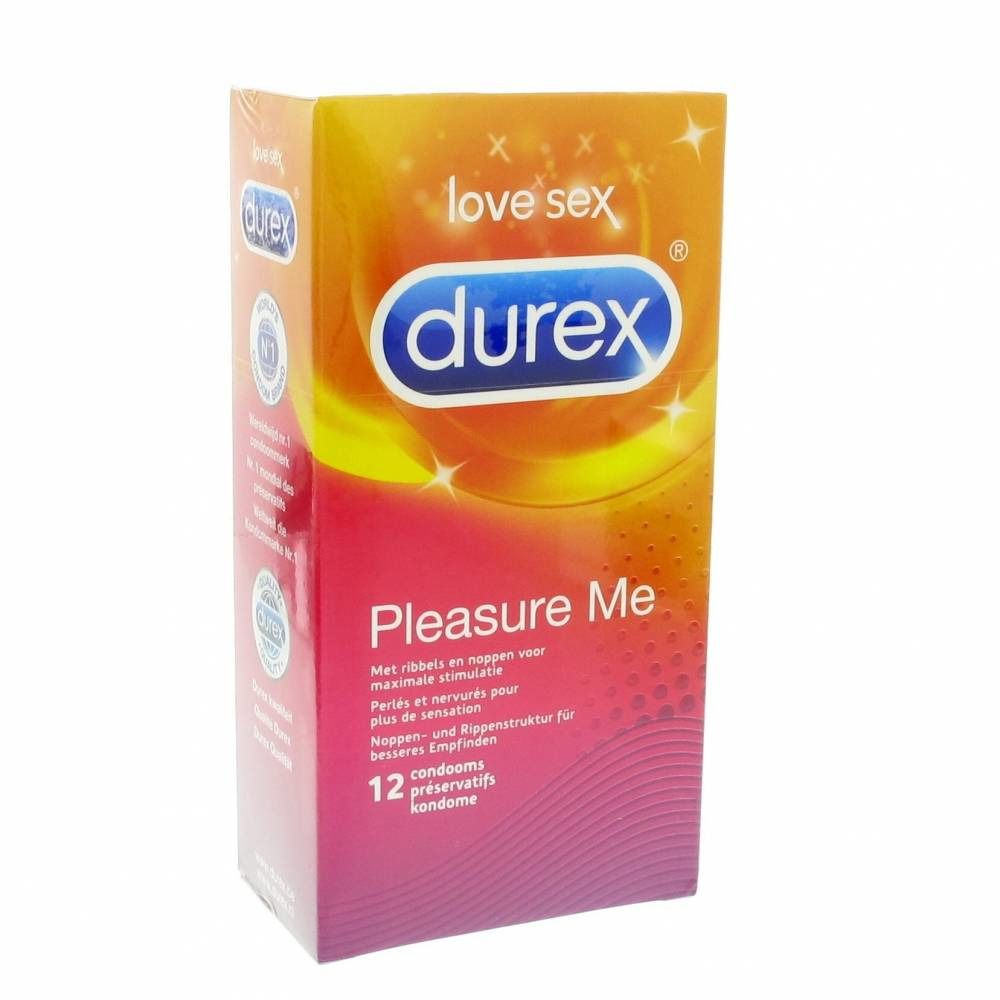 Verpakking Durex Pleasure Me condooms. 12 condooms. Tekst in het Duits, Nederlands en Frans. Durex logo duidelijk zichtbaar.