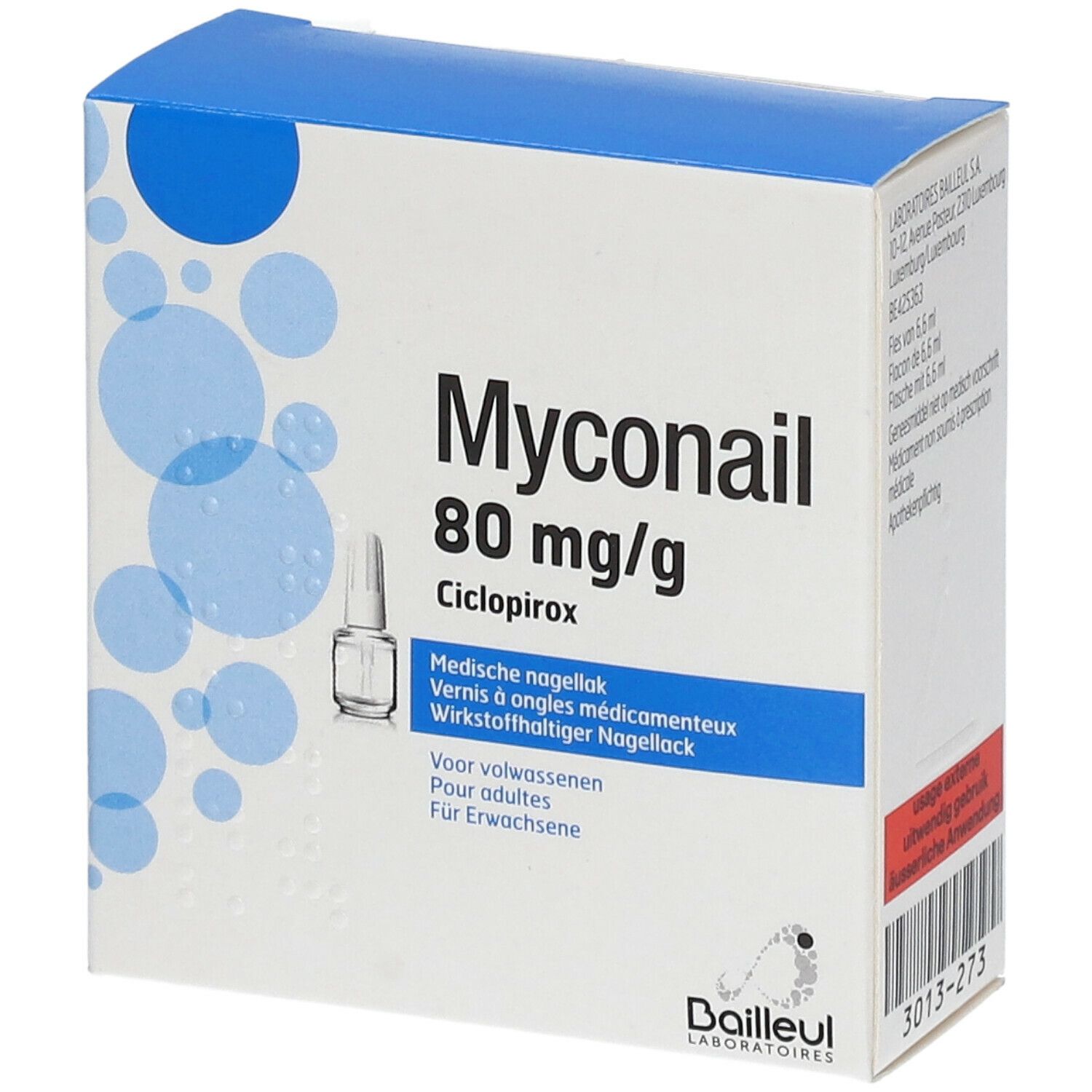 Boîte Myconail 80 mg/g. Vernis à ongles médicamenteux. Flacon visible. Emballage bleu et blanc.
