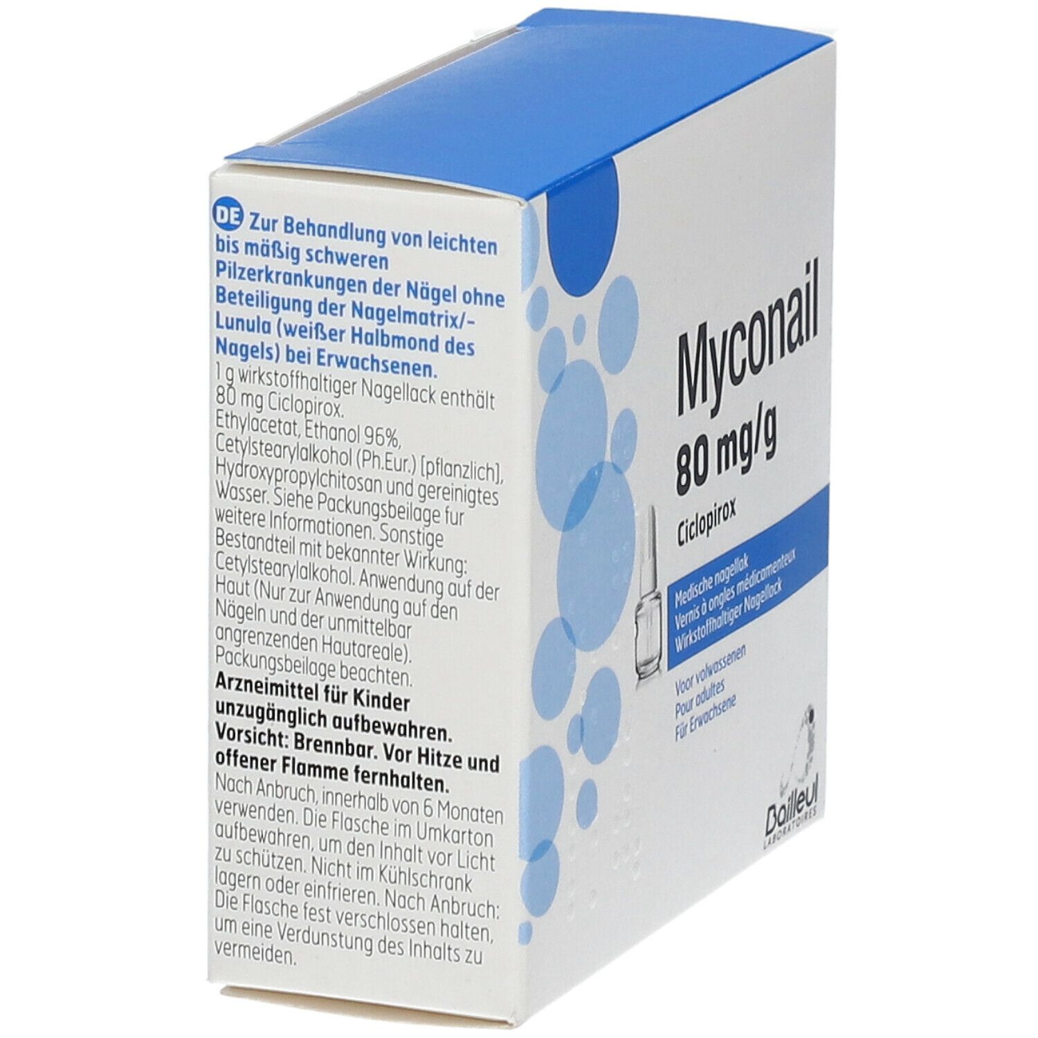 Emballage Myconail 80 mg/g. Informations d'utilisation. Emballage bleu et blanc.