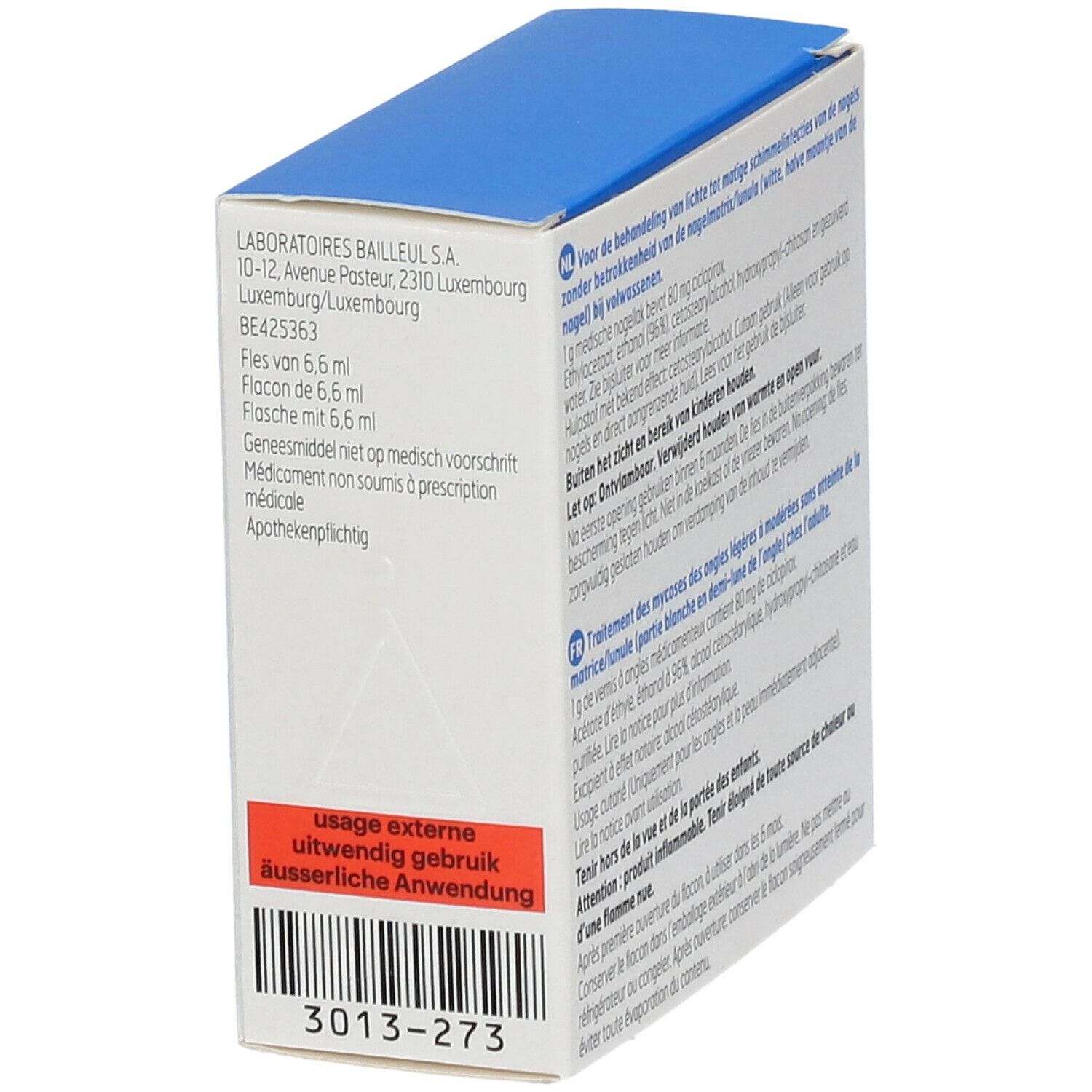 Emballage Myconail. Informations d'utilisation. Autocollant rouge : usage externe.