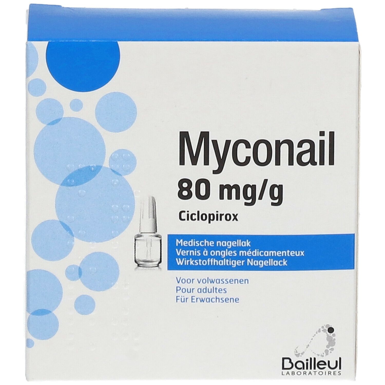 Emballage Myconail 80 mg/g. Contient un flacon de vernis à ongles. Emballage bleu et blanc.