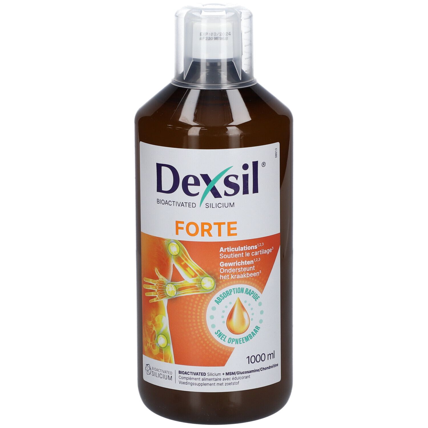 Bruine vloeistof in fles. Opschrift Dexsil Forte, met illustratie van een gewricht. 1000 ml.