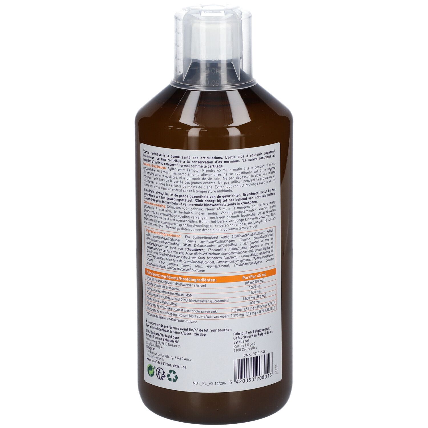 Bruine vloeistof in fles. Opschrift Dexsil Forte, met illustratie van een gewricht. 1000 ml.