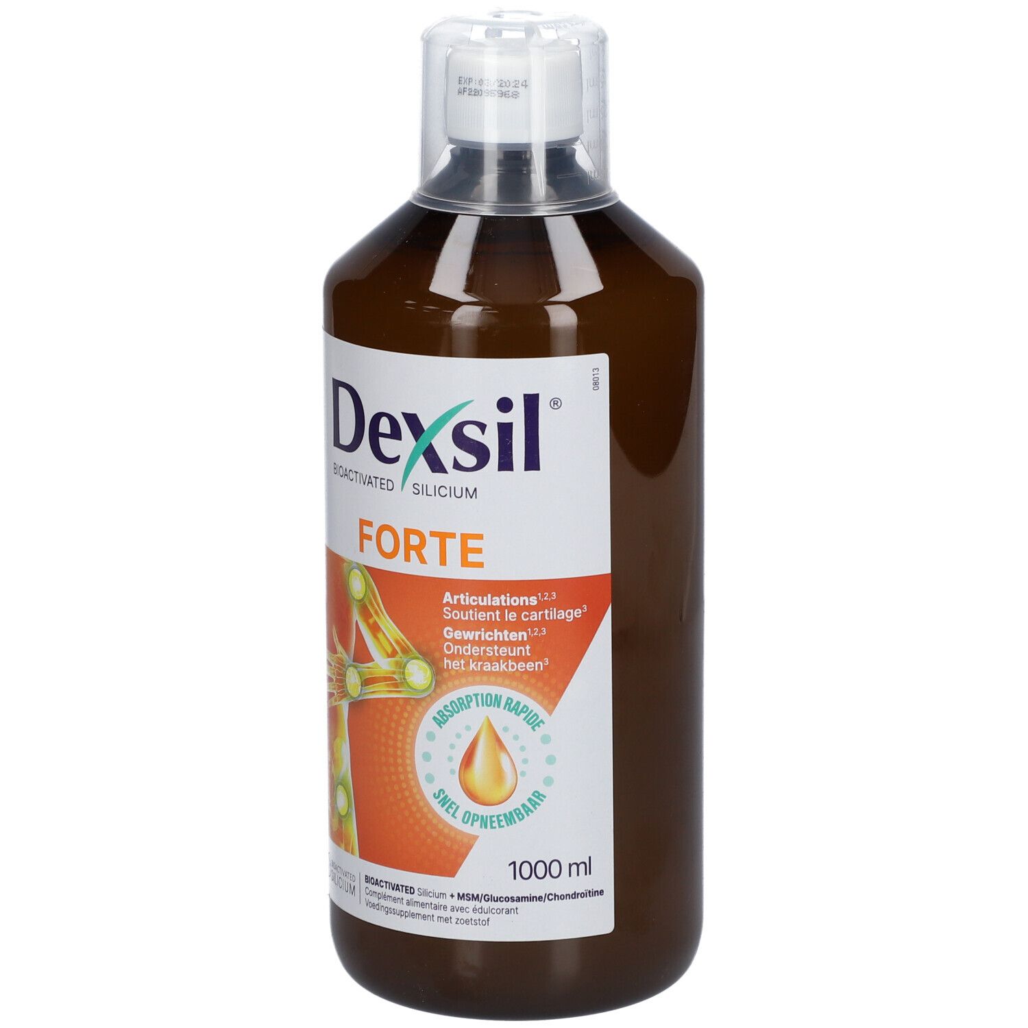 Bruine vloeistof in fles. Opschrift Dexsil Forte, met illustratie van een gewricht. 1000 ml.