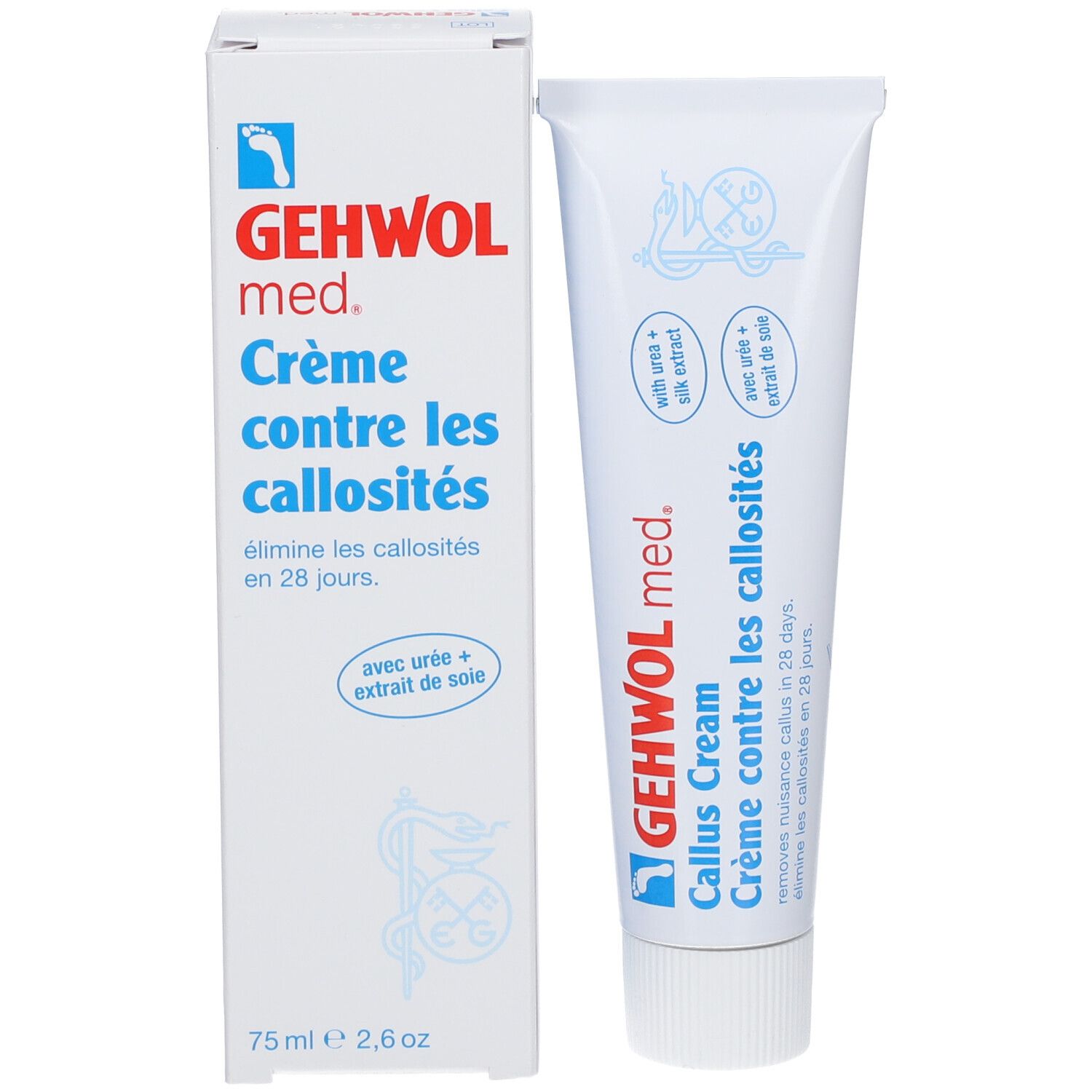 Verpakking: tube en doos. GEHWOL med. Crème contre les callosités. Bevat ureum en zijde-extract. 75 ml.