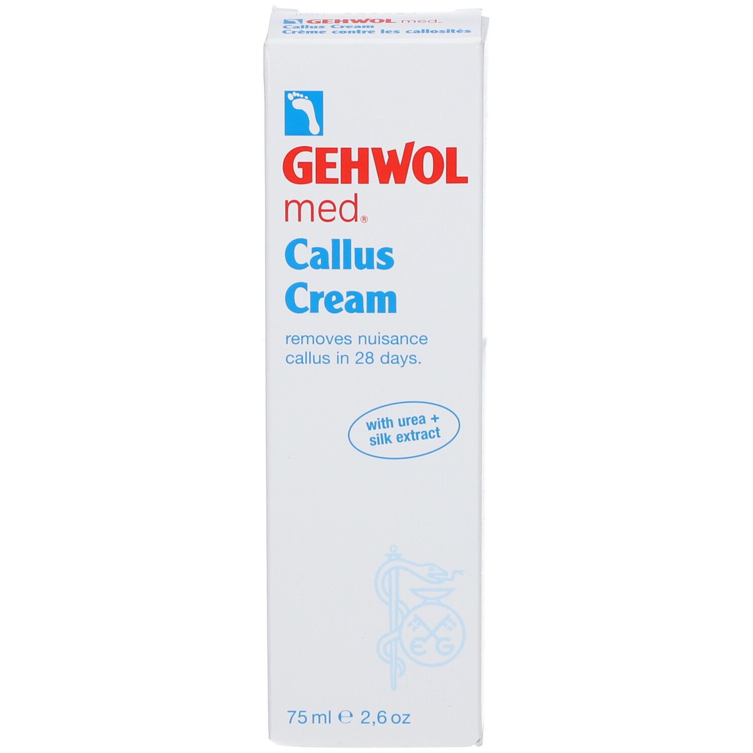 Witte doos met blauwe tekst: GEHWOL med. Callus Cream. Verwijdert eelt in 28 dagen. Bevat ureum en zijde-extract.