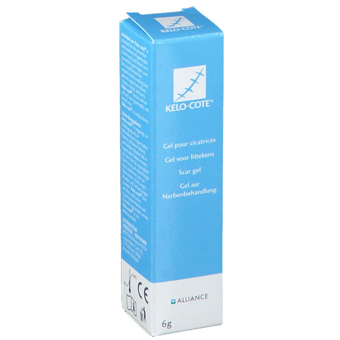 Blauw-witte doos met KELO-COTE®-logo en productnamen in meerdere talen. 6g.