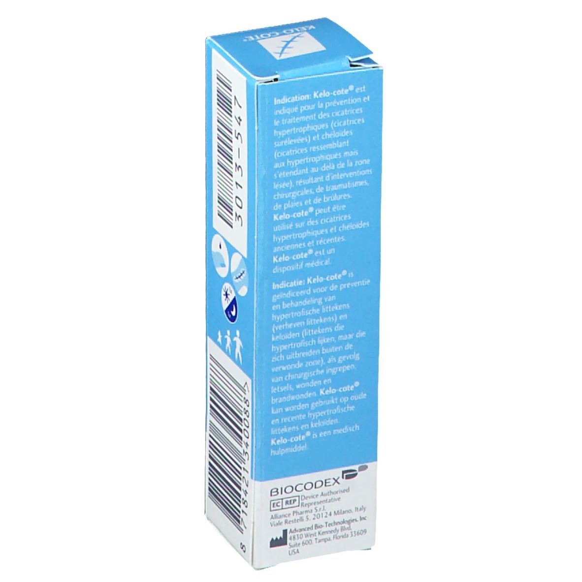 Zijkant van de KELO-COTE®-doos met productinformatie in meerdere talen. Logo's.