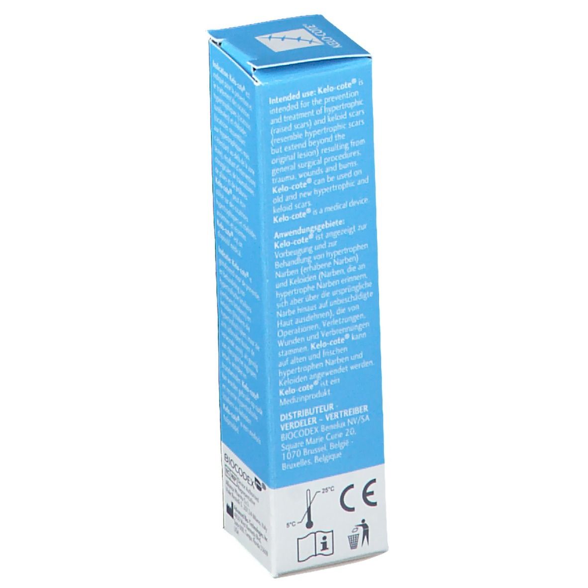 Zijkant van de KELO-COTE®-doos met productinformatie in meerdere talen. Logo's.