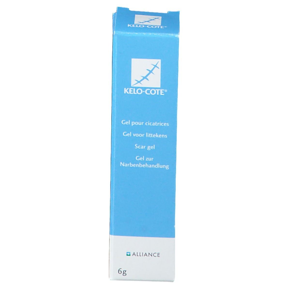 Blauw-witte doos met KELO-COTE®-logo en productnamen in meerdere talen. 6g.