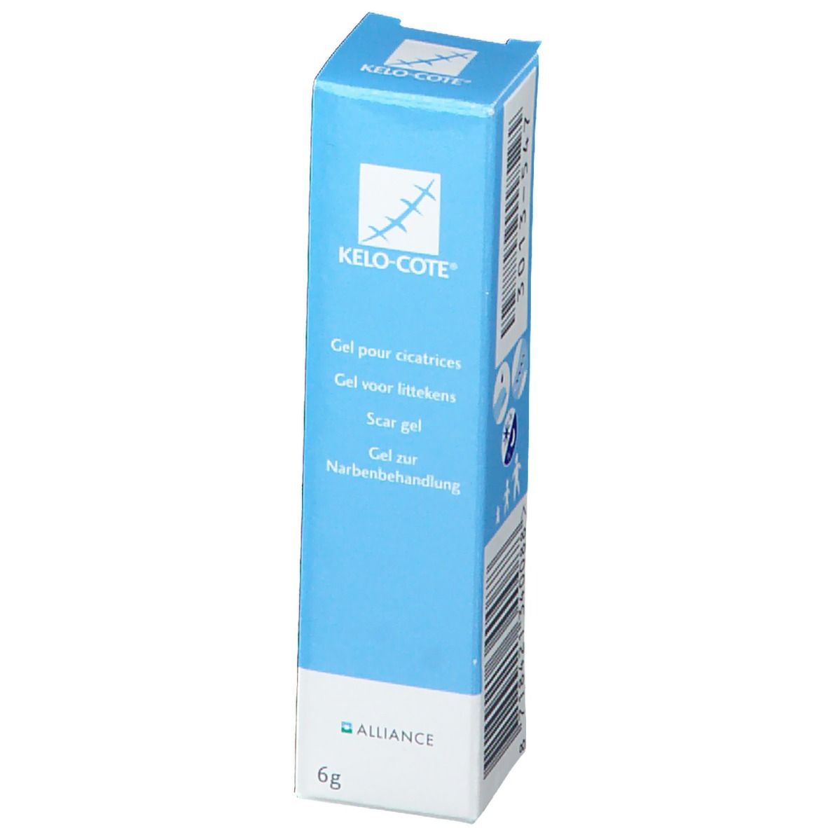 Blauw-witte doos met KELO-COTE®-logo en productnamen in meerdere talen. 6g.