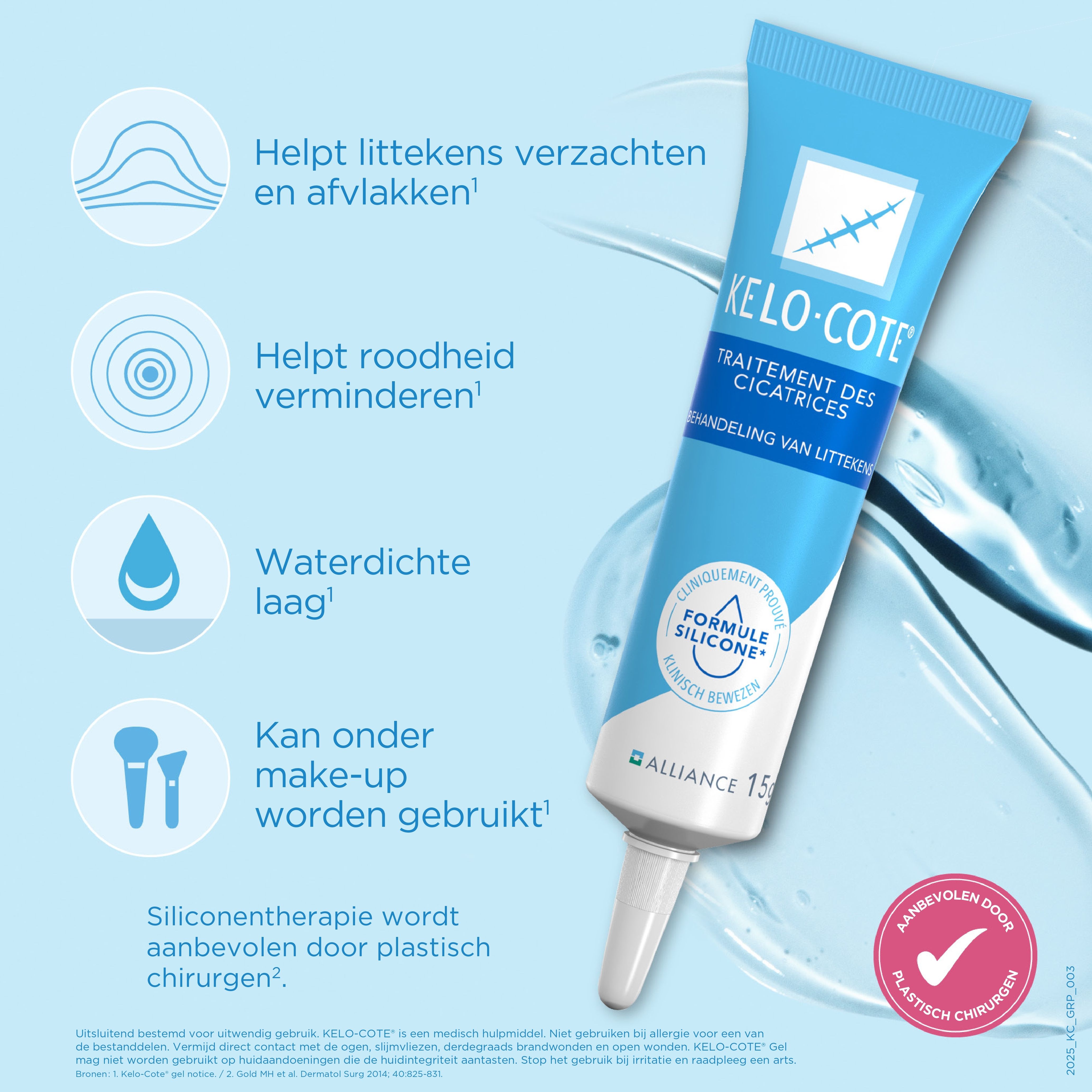 Tube KELO-COTE® Gel. Tekst: Helpt littekens verzachten, roodheid verminderen. Waterdicht.