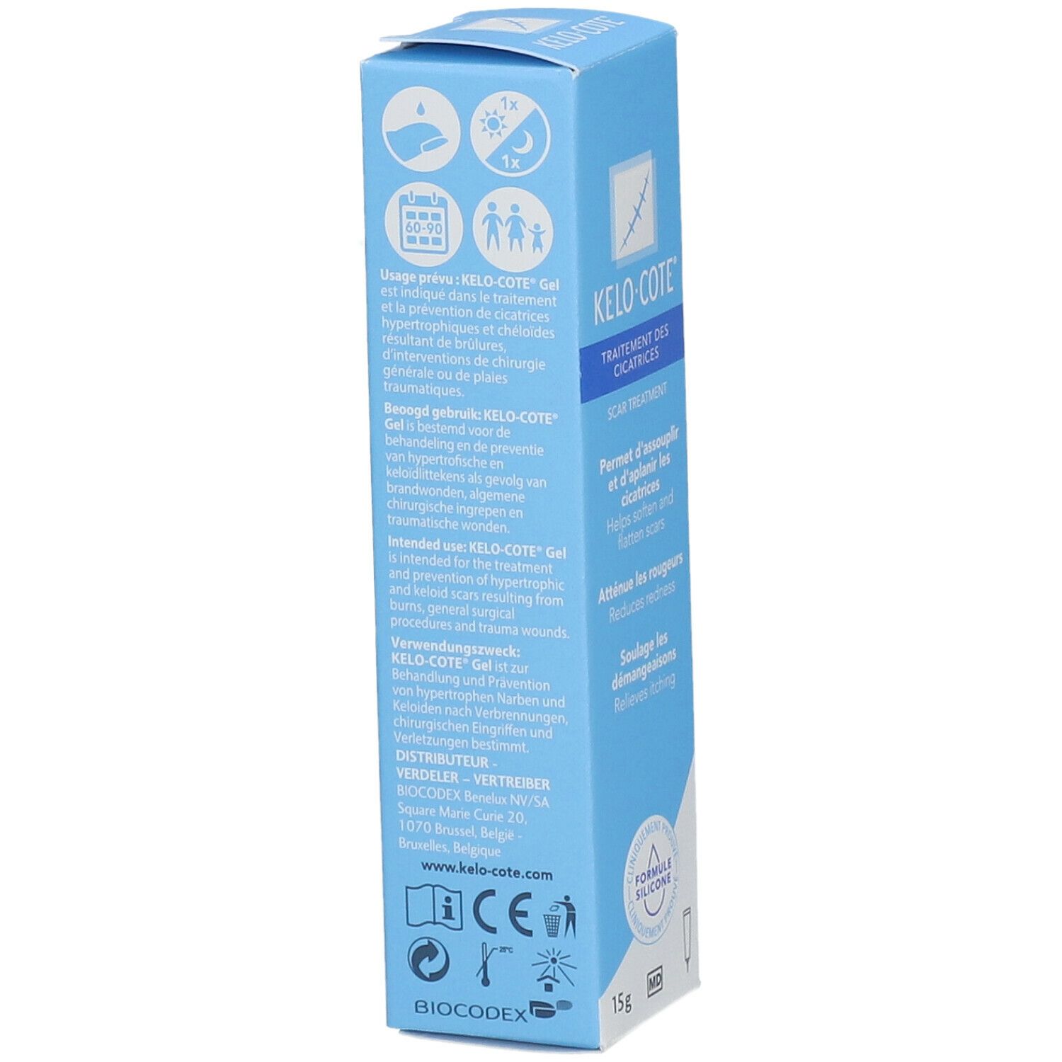 Dos de la boîte Kelo-Cote Gel. Informations produit, logos.