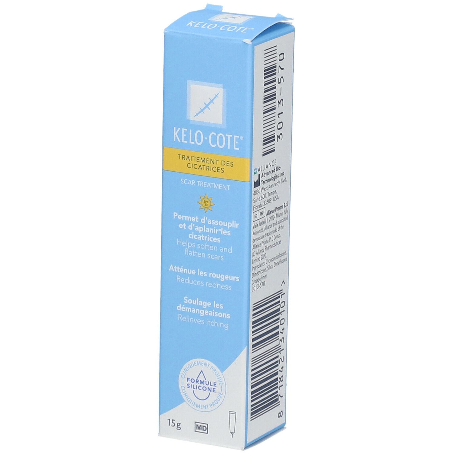 Boîte Kelo-Cote. Boîte bleue avec informations et logo. 15g.