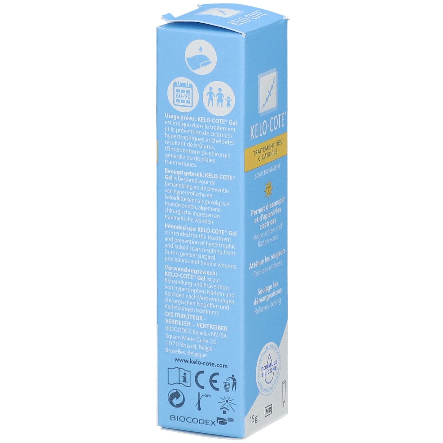 Boîte Kelo-Cote. Boîte bleue avec informations et logo. 15g.