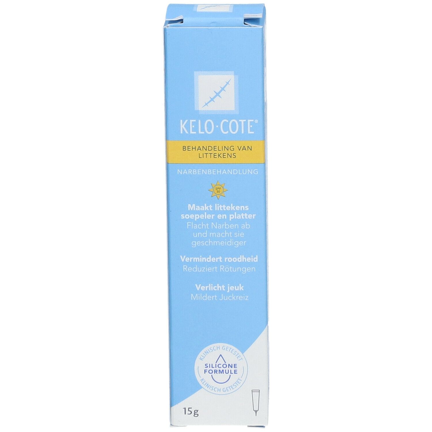 Boîte Kelo-Cote. Boîte bleue avec informations et logo. 15g.