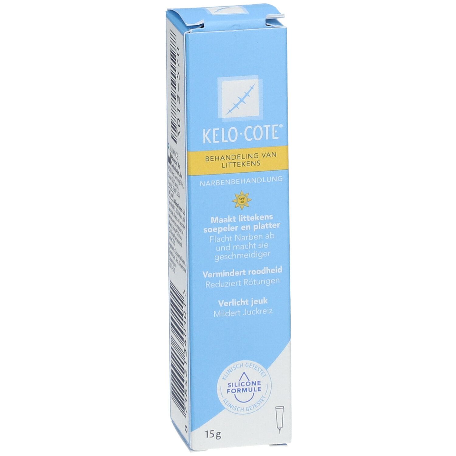 Boîte Kelo-Cote. Boîte bleue avec informations et logo. 15g.