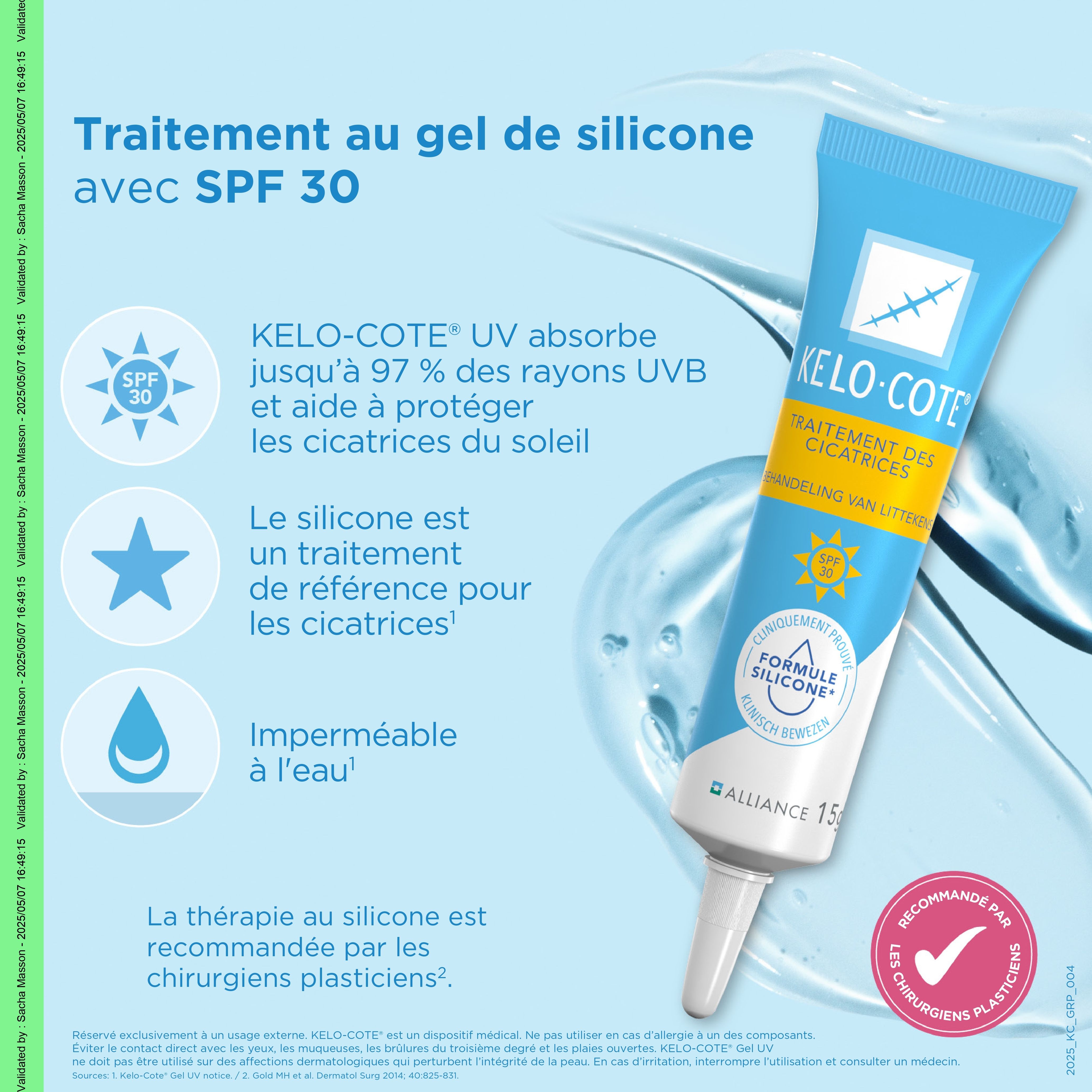 Tube de gel Kelo-Cote UV. Tube bleu avec informations et logo. 15g.